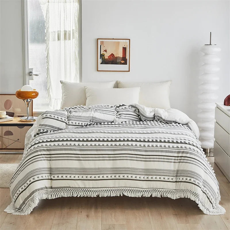 DecorBites™ Boho Stripe Furball Duvet Set: High-Quality King Size Bedding with Tassels