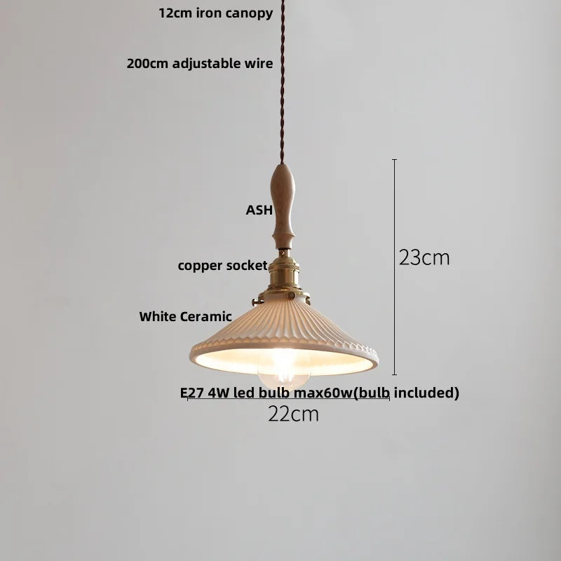 DecorBites™ Adjustable LED Pendant Lights Ash Wood White Ceramic Modern Hanging Lamp