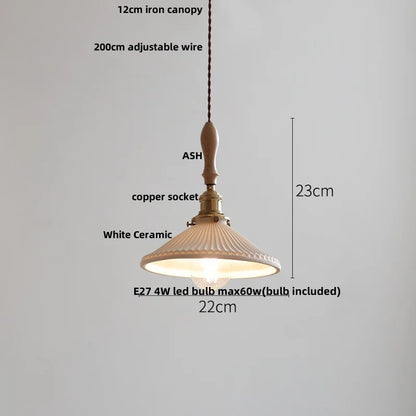 DecorBites™ Adjustable LED Pendant Lights Ash Wood White Ceramic Modern Hanging Lamp