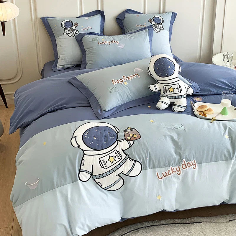 DecorBites™ Astronaut Cartoon Embroidery Boys Bedding Set, 100% Cotton, Single Duvet Cover, Bed Sheet, Pillowcases