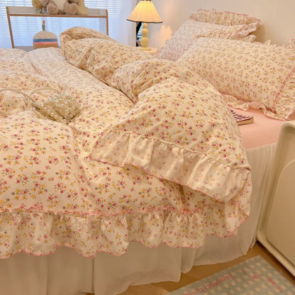 DecorBites™ Korean Princess Floral Print Bedding Set in Washed Cotton for Girls