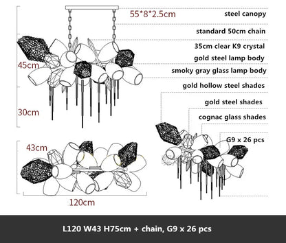 DecorBites™ Glass Shades LED Chandelier Stairs Art Metal Lighting Luxe Chain Hanging Lamp