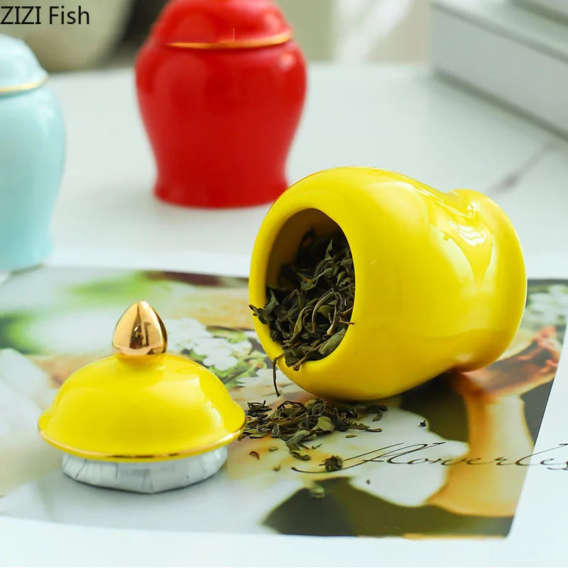 DecorBites™ Gold Tea Canister Ceramic Storage Jar with Lid for Desk Decoration