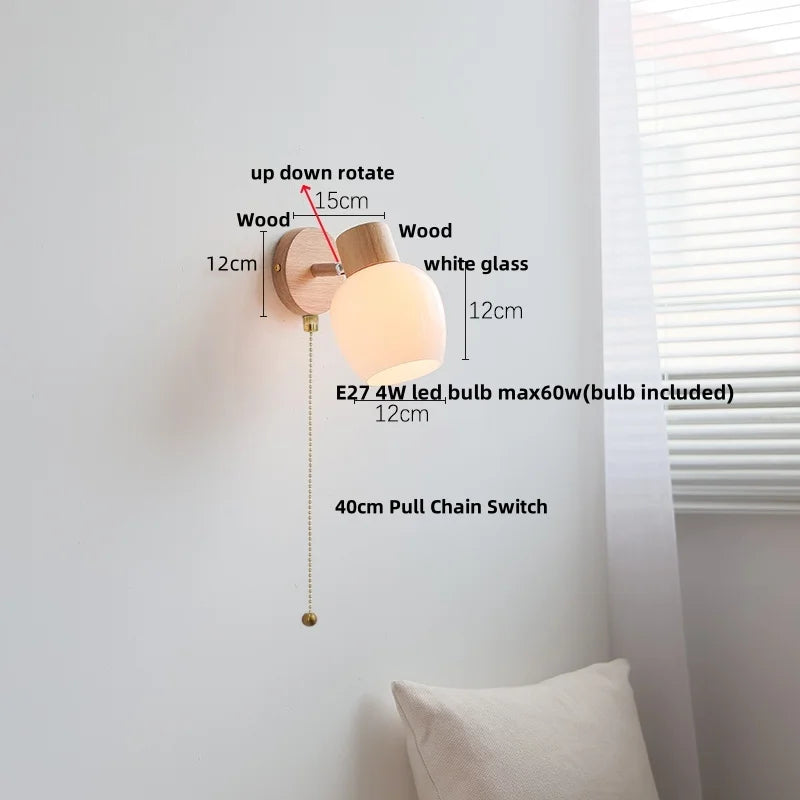 DecorBites™ Amber Glass LED Wall Sconce Nordic Modern Wood Pull Chain Switch Stair Light