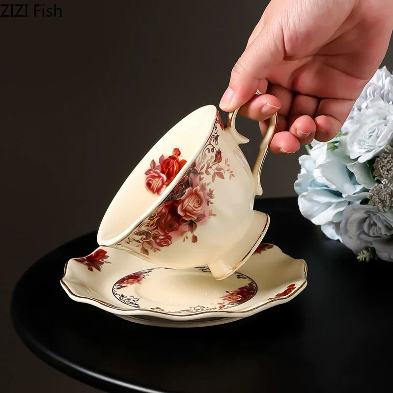 DecorBites™ Blooming Roses Porcelain Coffee Mug with Golden Edge & Saucer