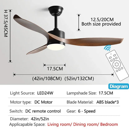DecorBites™ 52" Black Ceiling Fan Light with Remote Control for Living Room, Restaurant, and Household
