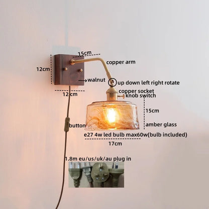 DecorBites™ Amber Glass LED Wall Sconce Pull Chain Switch.