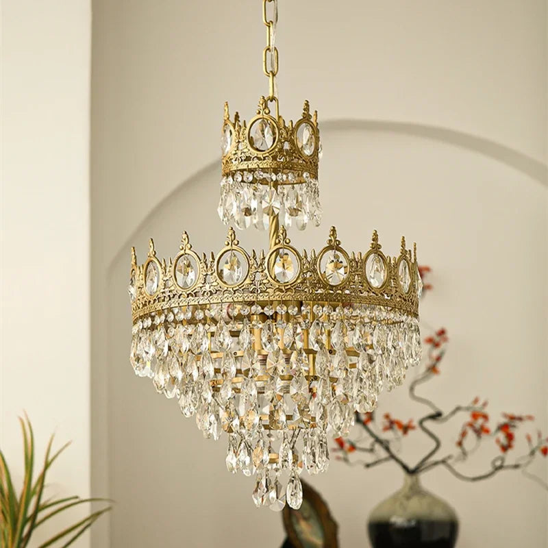 DecorBites™ Crown Crystal Chandelier - Golden Vintage LED Pendant for Elegant Indoor Lighting