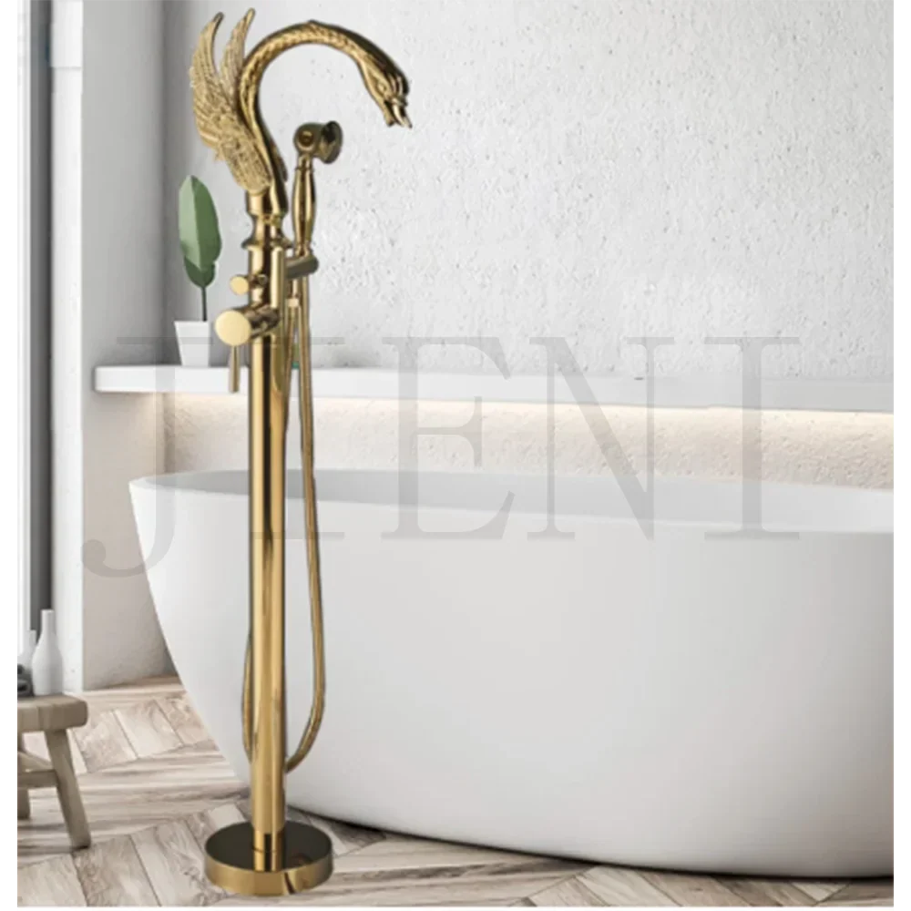 DecorBites™ Brushed Gold High Rise Round Bath Mixer Roman Tub Faucet Set Floor Stand