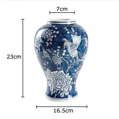 DecorBites™ Blue Porcelain Vase: Flowers and Birds Pattern Table Decor Floral Vases Room Aesthetic
