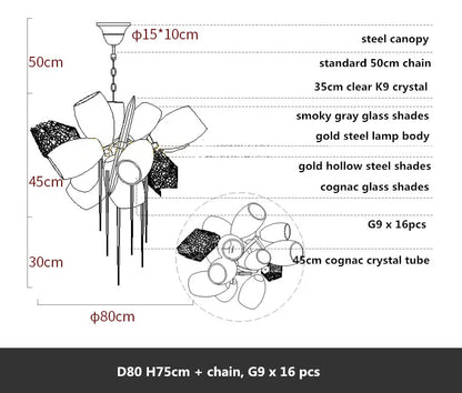 DecorBites™ Gold Steel LED Pendant Lights with Cognac/Gray Glass Shades