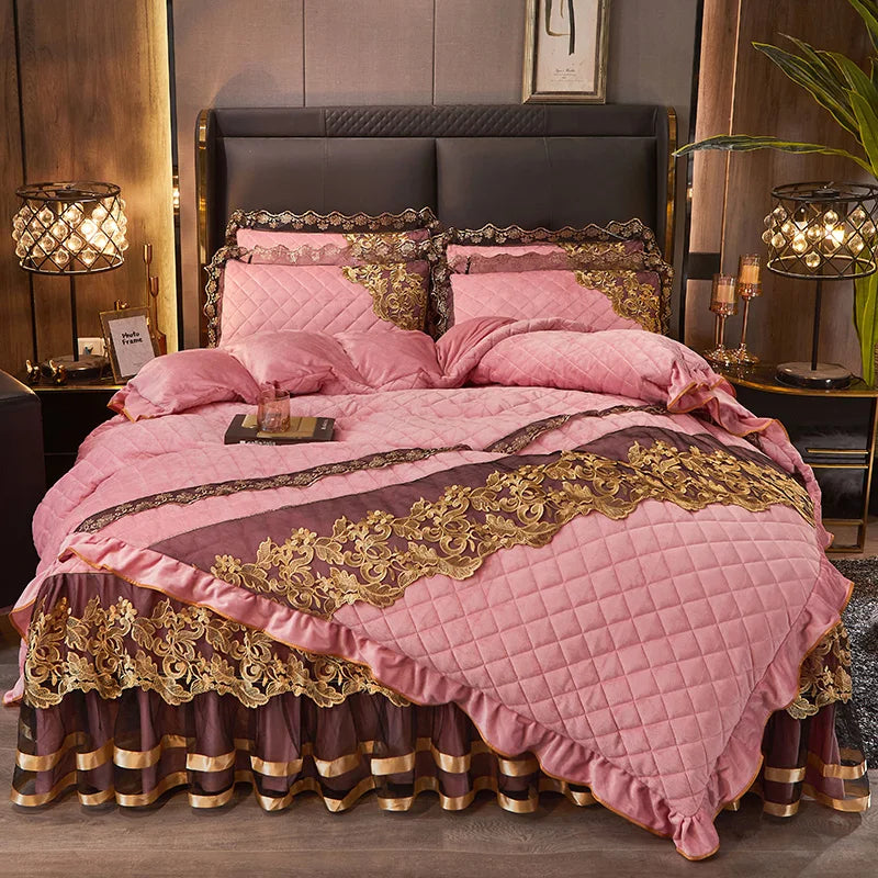 DecorBites™ Black Gold Luxury Crystal Velvet Bedding Set with Quilted Embroidery & Ruffles