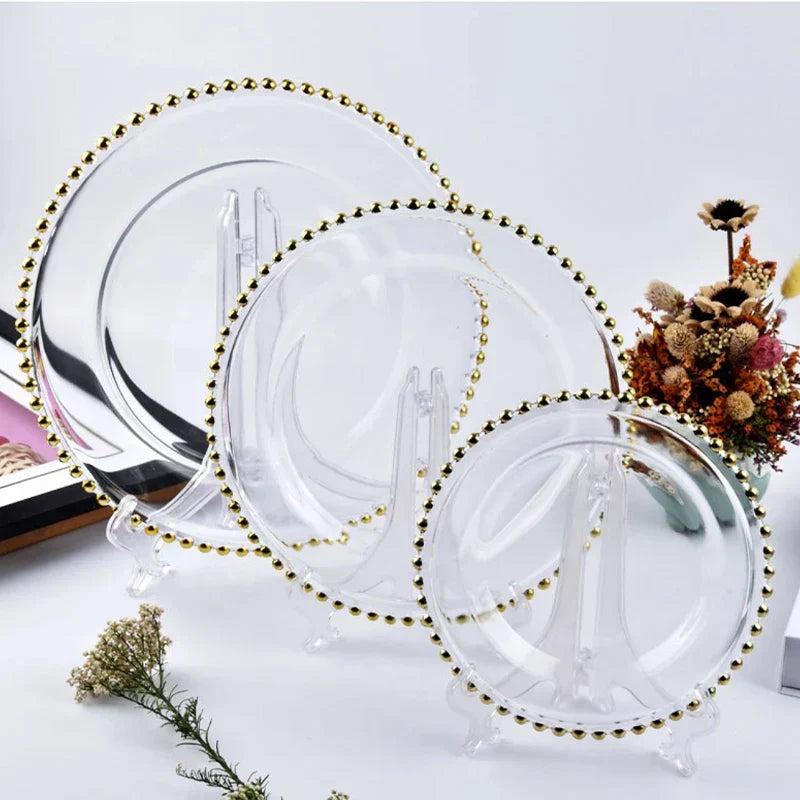 ™ Gold Beads Glass Plate, Large Round Fruit Plate for Stylish Dining
