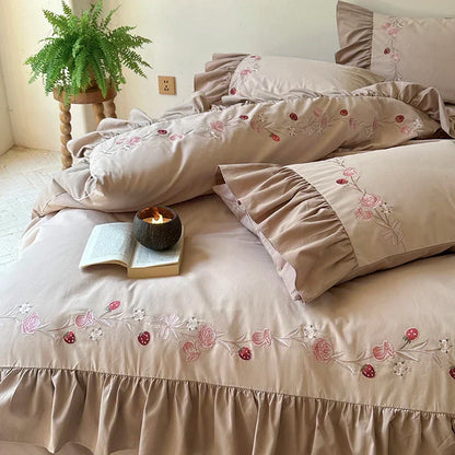 DecorBites™ Korean Princess Style Embroidered Bedding Set with Pleated Ruffles in Egyptian Cotton