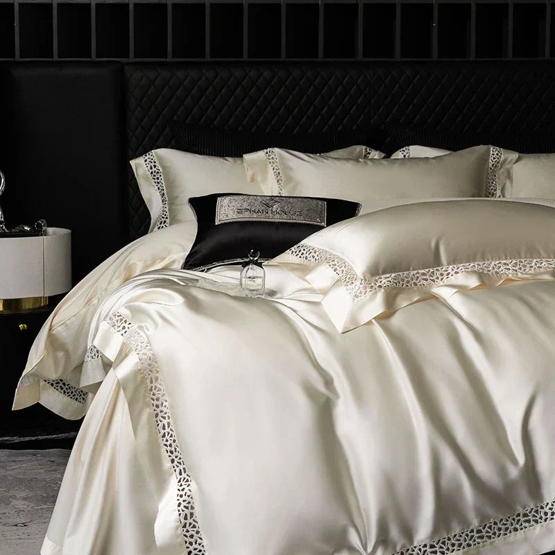 DecorBites™ Brocade Lace Edge Egyptian Cotton Bedding Set - 4Pcs