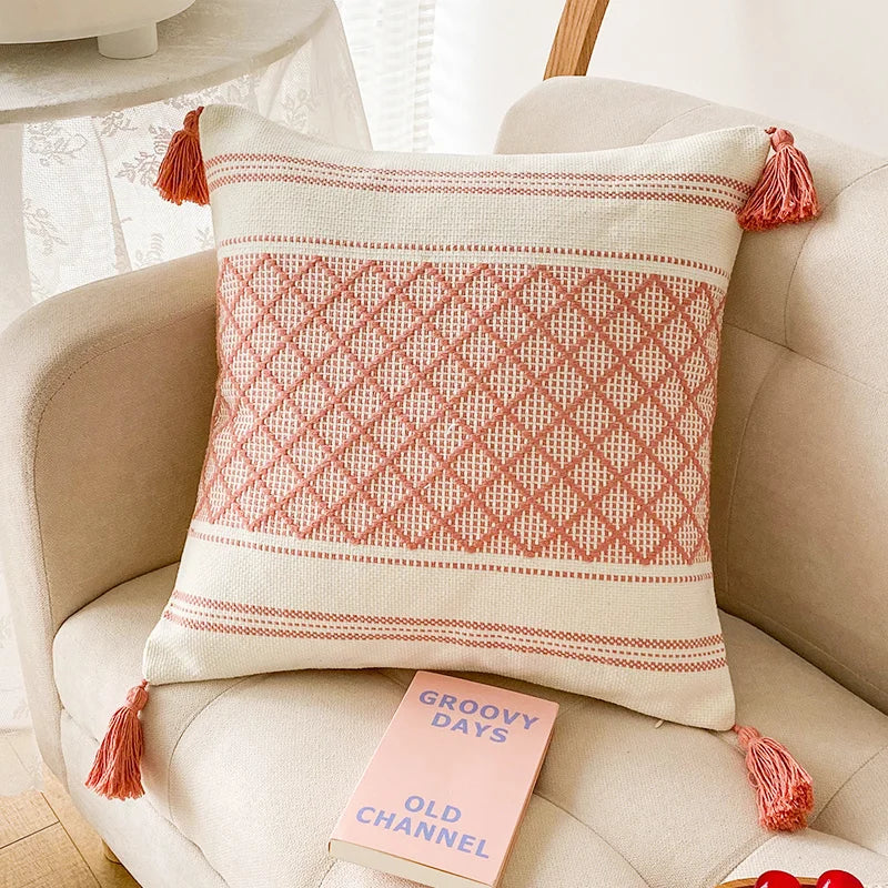 DecorBites™ Blue Diamond Jacquard Tassel Cushion Cover 45x45cm