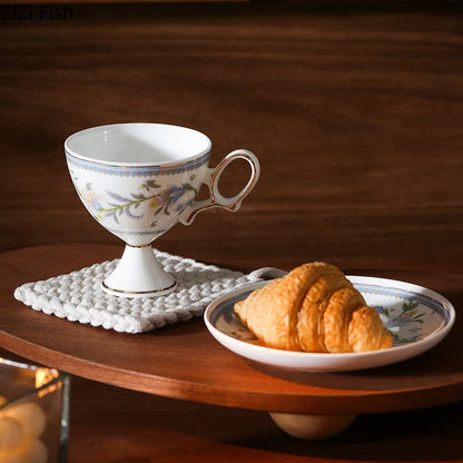 DecorBites™ Gold Flower Ceramic Cup & Saucer Set - Elegant Goblet Mugs for Coffee, Tea, Juice