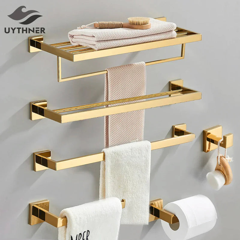 ™ Gold Bathroom Hardware Set: Hook, Towel Rail, Bar, Shelf, Tissue Holder & More