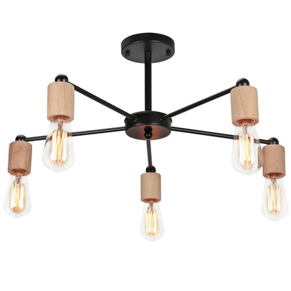 DecorBites™ Industrial Rod Iron Wood Sputnik Chandelier Ceiling Lamp LED E27 Home Lighting