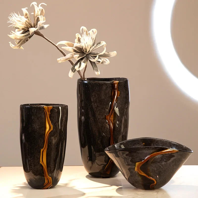 DecorBites™ Black Glass Vase Flower Pot for Terrarium Room Decoration and Floral Arrangement