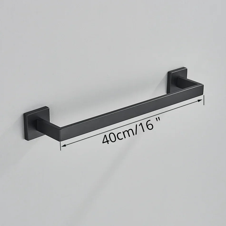 DecorBites™ Black Bathroom Accessories Set: Robe Hook, Towel Rail, Shelf, Tissue Holder