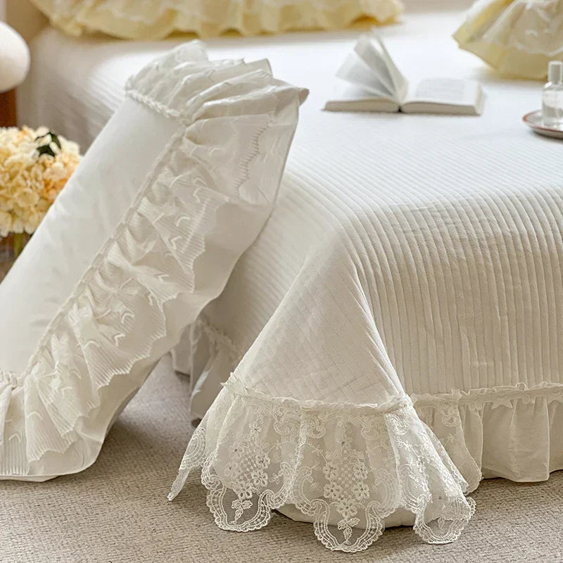 ™ Lace Ruffles Bedding Set in Pearl White Cream Yellow Princess Cotton