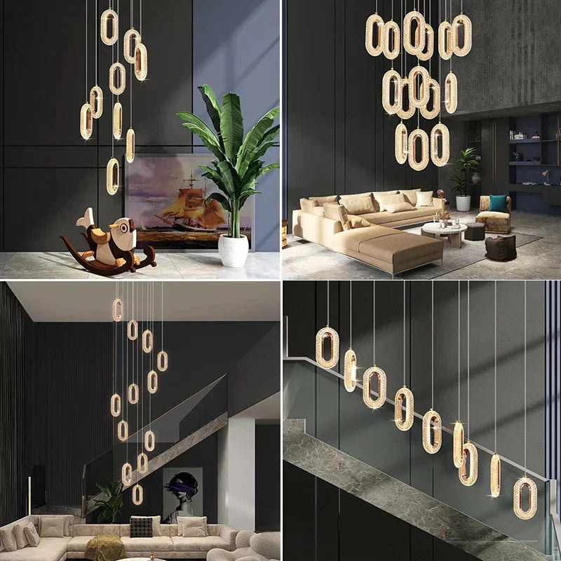 ™ Gold LED Chandelier for Living Dining Stairwell Hallway, Modern Alloy+Acrylic Hanging Fixture