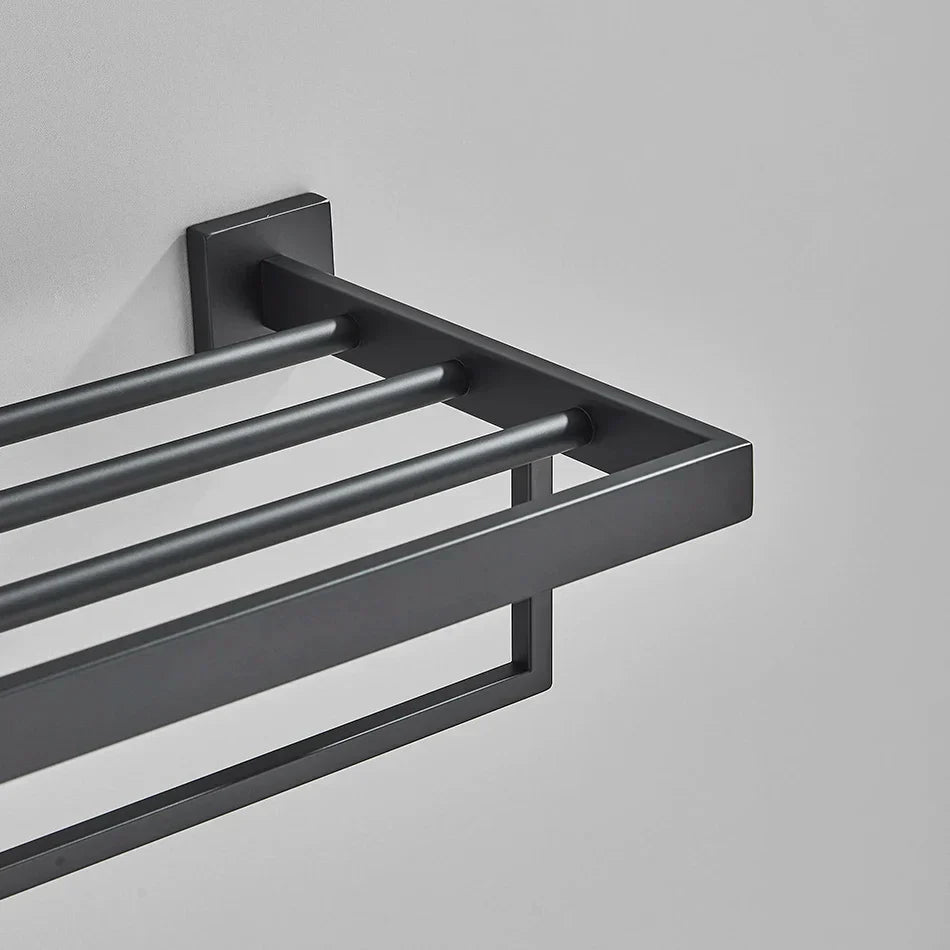 DecorBites™ Black Bathroom Accessories Set: Robe Hook, Towel Rail, Shelf, Tissue Holder