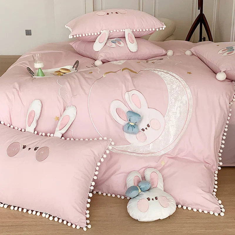 DecorBites™ Cartoon Rabbit Moon Embroidery 100% Cotton Girls Bedding Set with Ball Edge