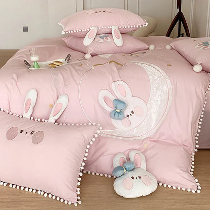 DecorBites™ Cartoon Rabbit Moon Embroidery 100% Cotton Girls Bedding Set with Ball Edge