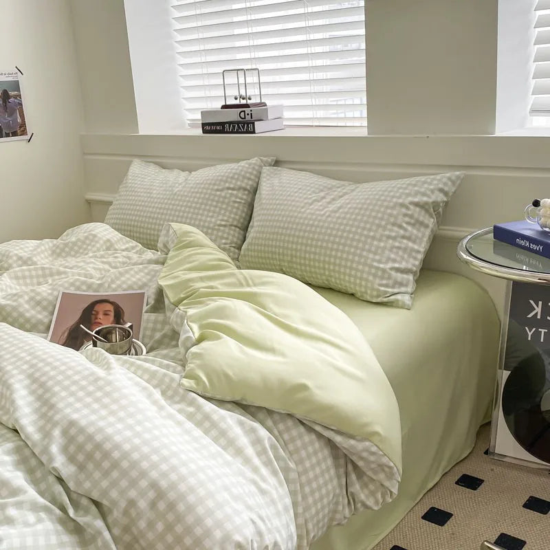 ™ Japanese Grid Printed Cotton Bedding Set in Queen/King for Cozy Sleep