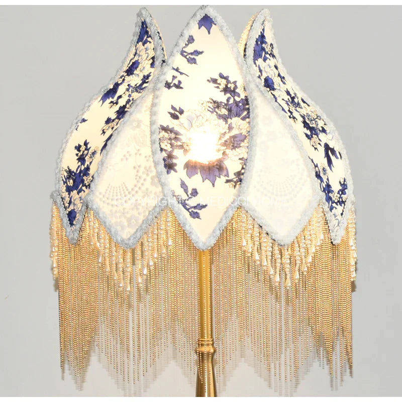 DecorBites™ Blue & White Porcelain Floral Lampshade with Pearl Tassel