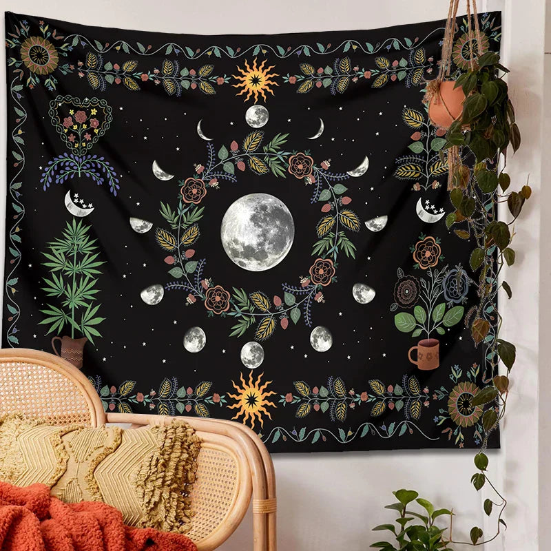 DecorBites™ Celestial Moon Phase Floral Tapestry Wall Hanging