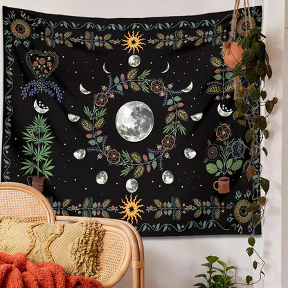 DecorBites™ Celestial Moon Phase Floral Tapestry Wall Hanging