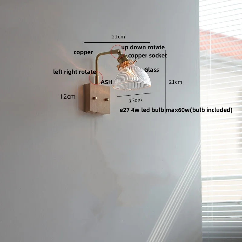 DecorBites™ Glass Pink LED Wall Sconce, Pull Chain Switch, Walnut Wood Bedside Lamp