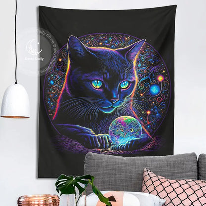 DecorBites™ Black Cat Tapestry: Trippy Magic Crystal Ball Wall Art for Boho Home Decor