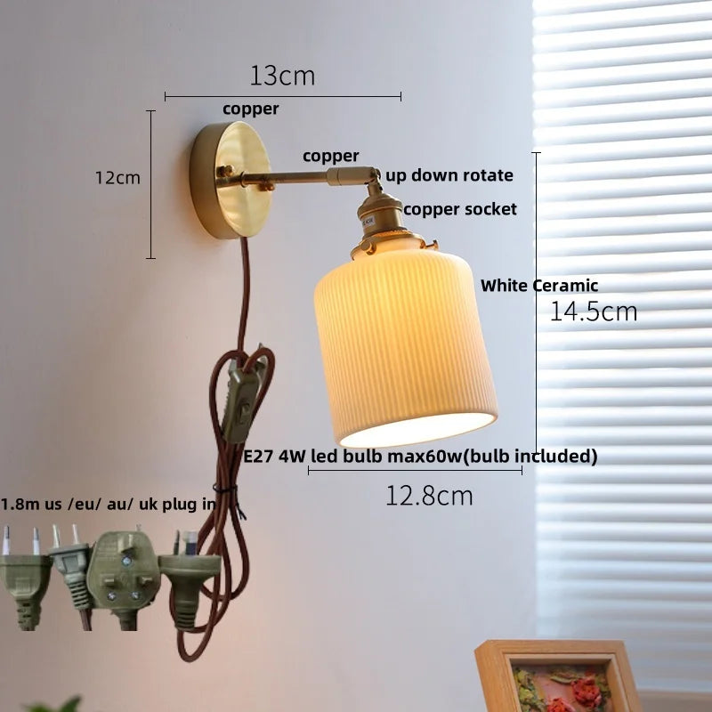 DecorBites™ Copper Canopy LED Wall Sconce, White Ceramic Bedside Light for Bedroom, Modern Nordic Design