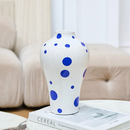 DecorBites™ Blue Geometric Quilted Ceramic Vase - Polka Dots Pattern - Home Decor Craft