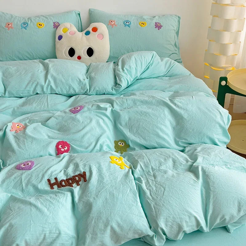 DecorBites™ Cartoon Towel Embroidery Bedding Set in Soft Washed Cotton for Kids
