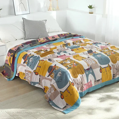 DecorBites™ Cartoon Cat Summer Quilt - 100% Cotton Leisure Blanket