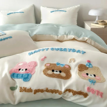 DecorBites™ Cartoon Embroidery Cotton Bedding Set - Summer Cool, Skin Friendly Flat Sheet Kit
