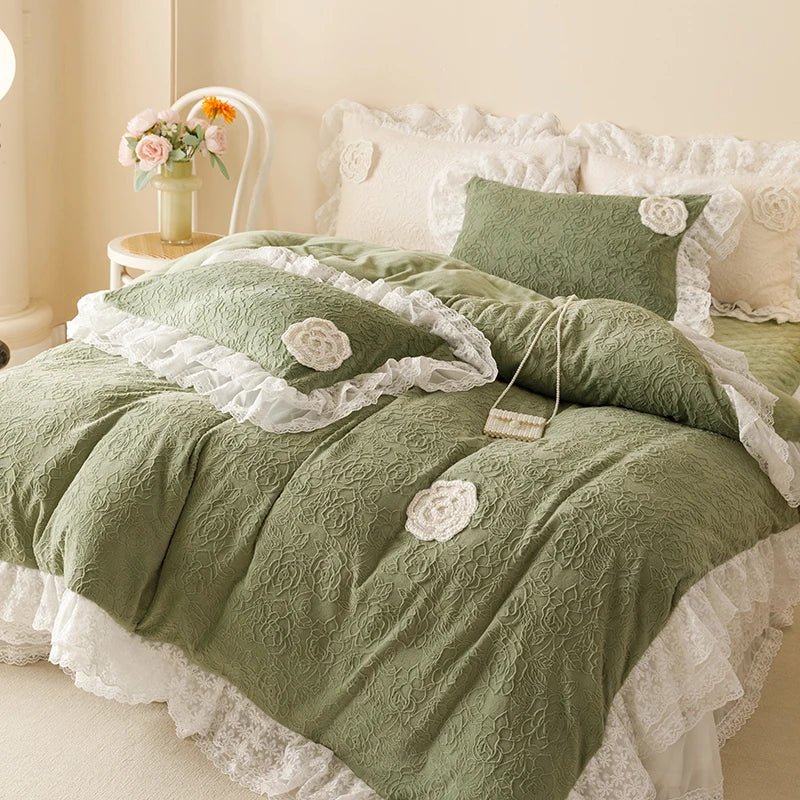 ™ Luxe Carved Velvet Lace Ruffles Bedding Set with Quilted Bed Skirt