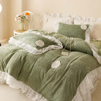 ™ Luxe Carved Velvet Lace Ruffles Bedding Set with Quilted Bed Skirt