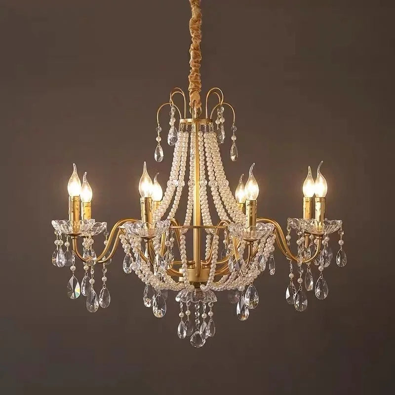 DecorBites™ Gold Crystal Pearl Chandelier LED Pendant Lights Luxe Living Room Decor
