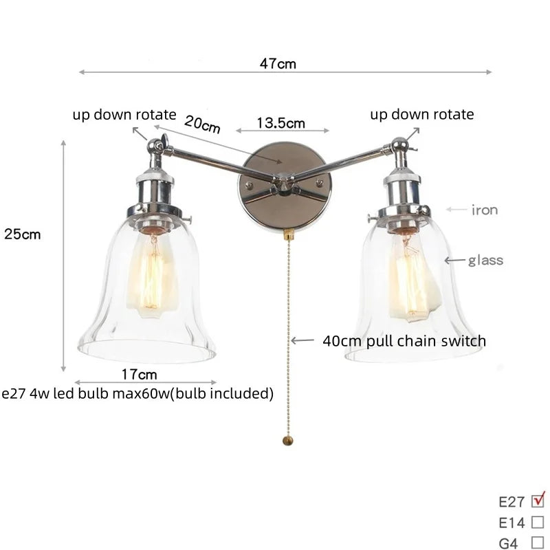DecorBites™ 2 Head LED Wall Lamps Iron Glass Bedroom Stair Light Fixtures