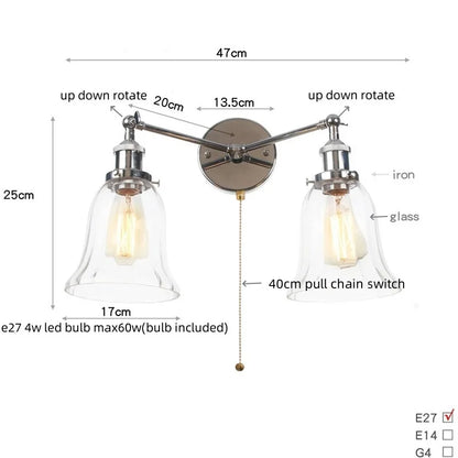 DecorBites™ 2 Head LED Wall Lamps Iron Glass Bedroom Stair Light Fixtures