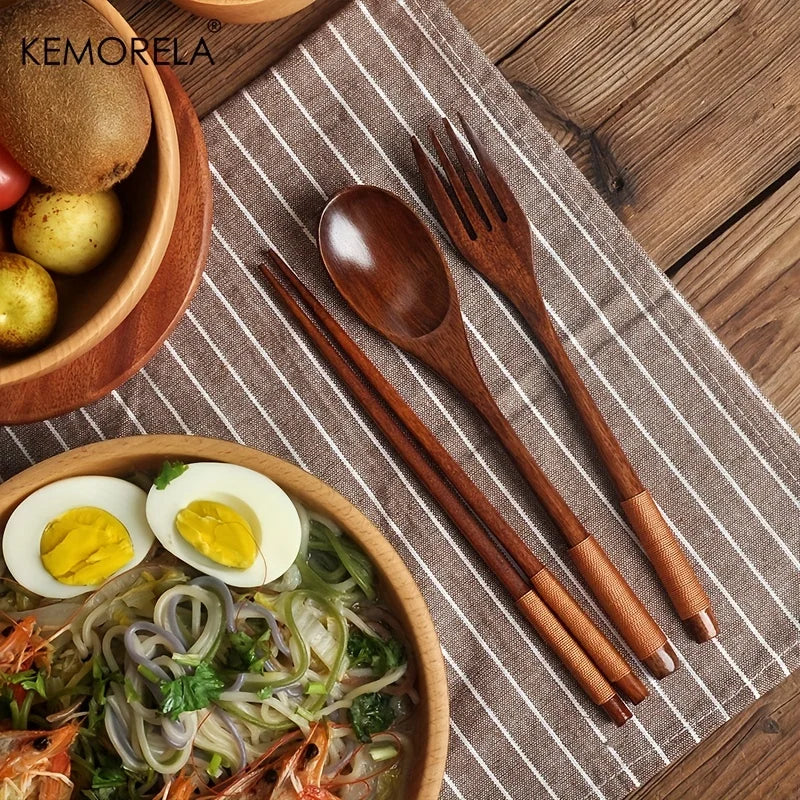 DecorBites™ Japanese Wooden Utensil Set - Premium 3-Piece Dining Collection