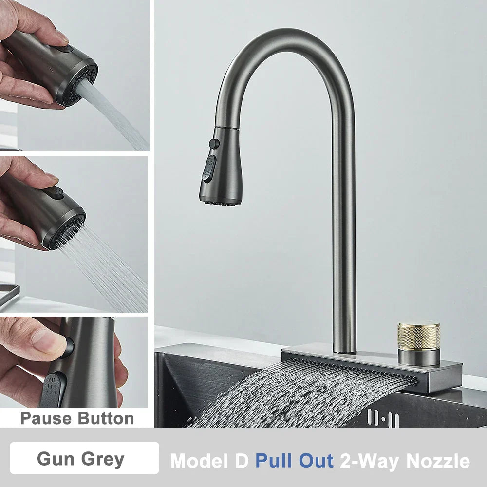 DecorBites™ Black Rainwater Kitchen Faucet Flexible Pull Out 3 Way Nozzle Mixer Tap