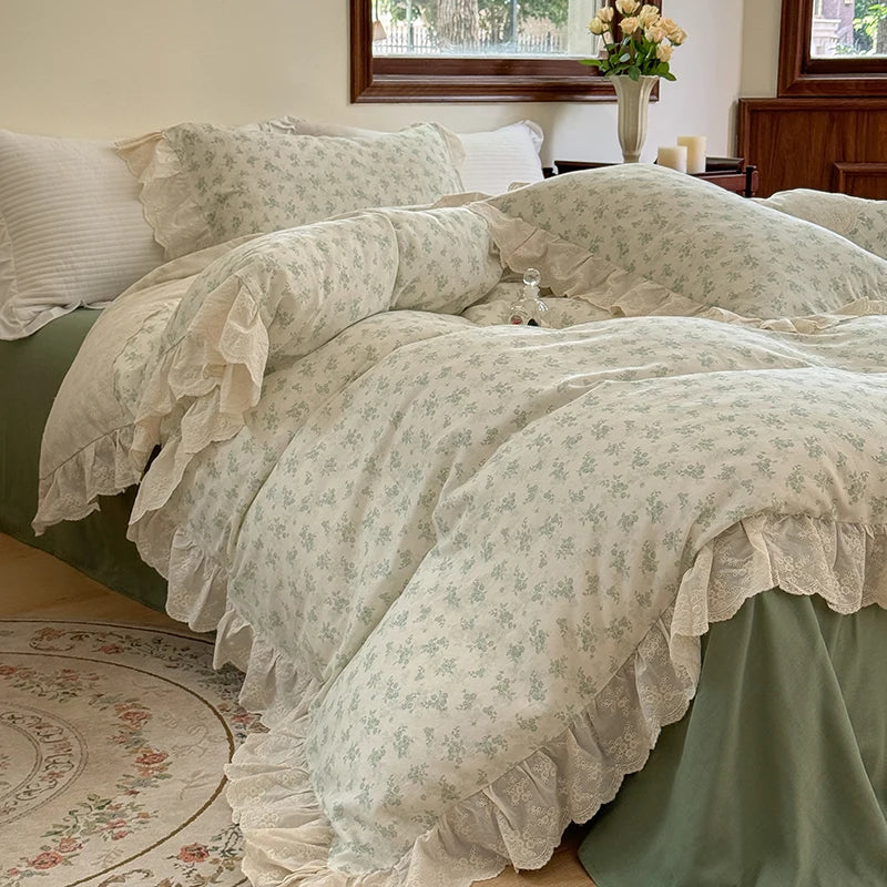 DecorBites™ Elegant Floral Lace Ruffles Bedding Set with Double Yarn - Soft Cotton Blend