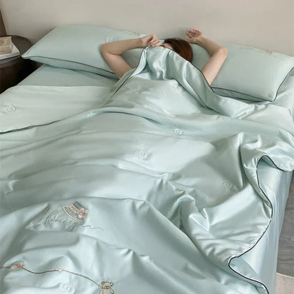 DecorBites™ Ice Rayon Summer Quilt: Bear Floral Embroidery Cooling Thin Blanket - Antimicrobial Comforter